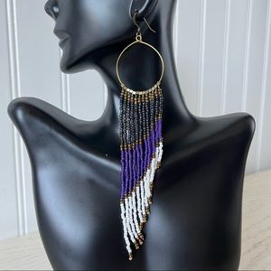 Black, purple, white & brass seed bead earrings